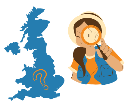 cartoon woman examining the UK with a magnifying glass