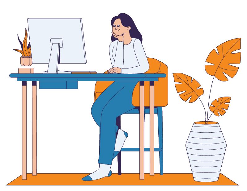 cartoon of woman sitting at a desk smiling at her computer