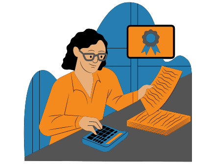 cartoon woman sitting at a desk working through papers with a calculator