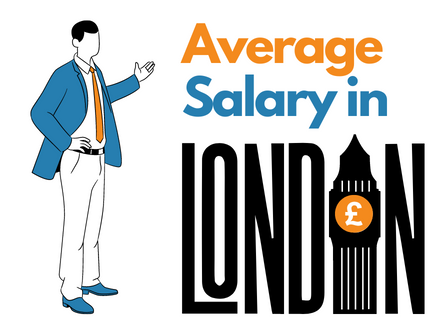 cartoon of a man pointing towards the words average salary in London