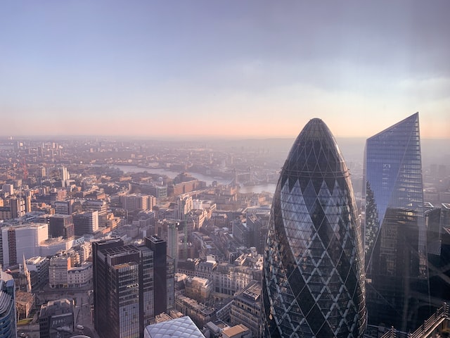 birds eye view perspective of the London skyline with the Gherkin building in the foreground