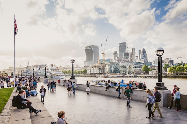 perspective of the London skyline from the banks of the Thames River