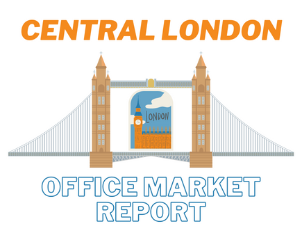orange and blue cartoon of tower bridge with the words central london office market report below it