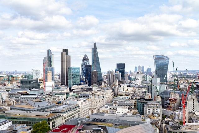 wide angled perspective of the London skyline with the gherkin and cheesegrater buildings in the background