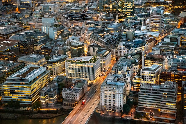 aerial perspective of Central London at night 