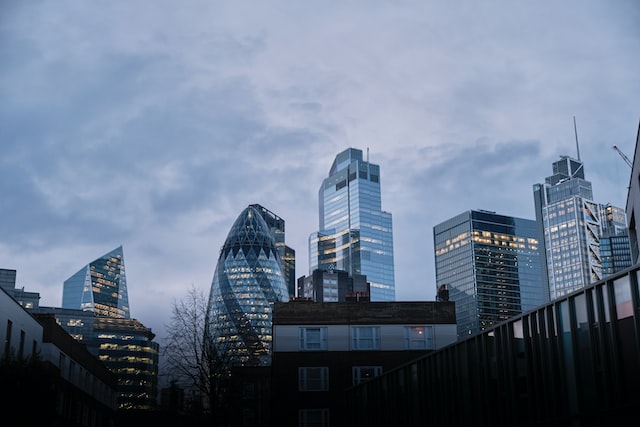 wide angle perspective of the London skyline from below