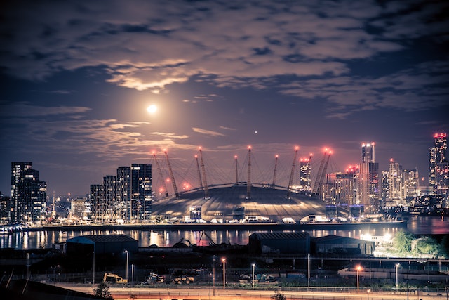 A night time view of the O2 Arena from Canary Wharf, one of the best postcodes in Central London for your office.
