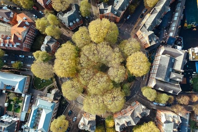 Aerial daytime view down onto the historic Arnold Circus in Shoreditch. Image at LondonOfficeSpace.com.