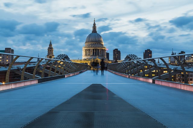 A dusk view of St Paul’s Cathedral from the middle of Millennium Bridge. Image at LondonOfficeSpace.com.